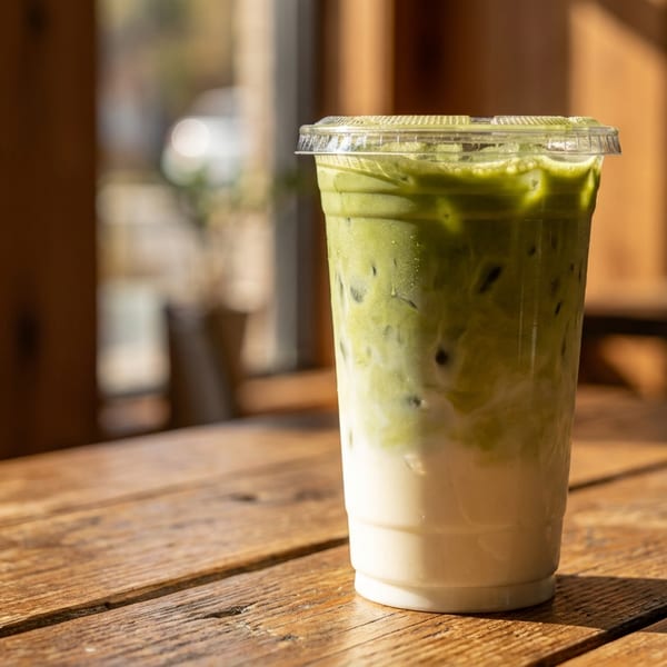 Iced matcha latte in a plastic cup on a rustic wooden table with sunlight streaming in.