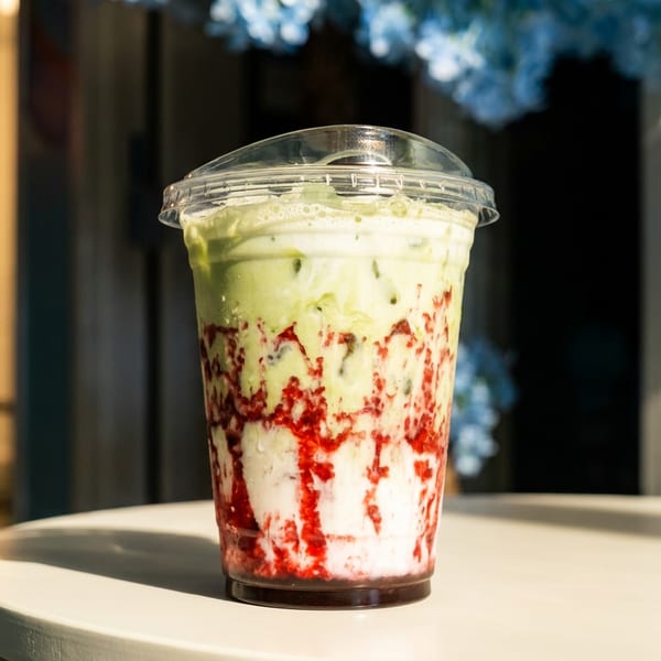 A vibrant green and red layered drink in a clear plastic cup sits on a white table.