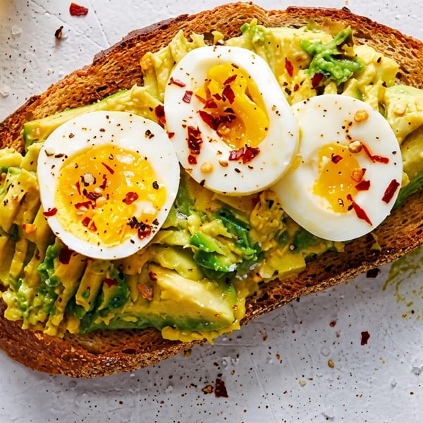 Avocado toast with three halved hard-boiled eggs, sprinkled with chili flakes and pepper.